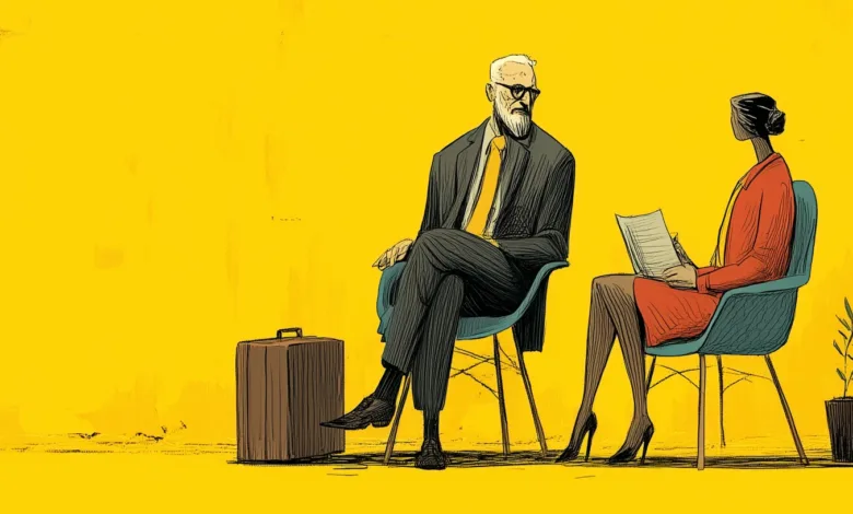 Two people in suits waiting in chairs against a bright yellow background.