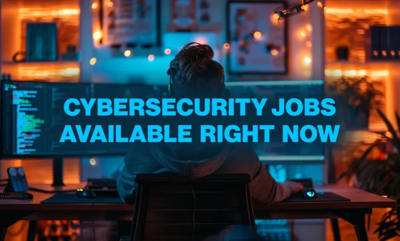 Person working at a computer with code on screen, text overlay 'Cybersecurity Jobs Available Right Now'