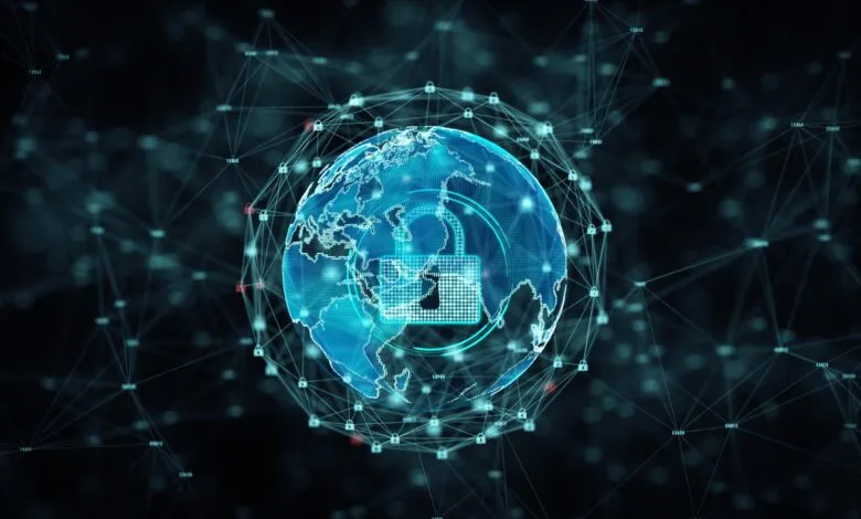 Digital globe with a padlock icon, surrounded by a network of connections and smaller lock icons.