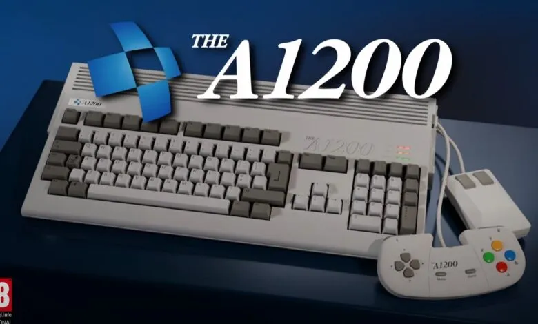 Commodore Amiga A1200 computer with keyboard, mouse, and joystick.