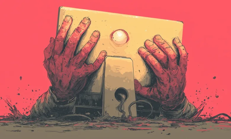 Illustration of red, veiny hands gripping a vintage computer monitor against a vibrant red background.