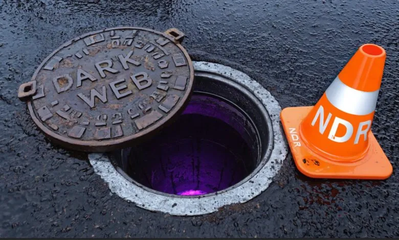 Open manhole cover labeled 'DARK WEB' with a purple glow emanating from the dark opening, next to an orange traffic cone.