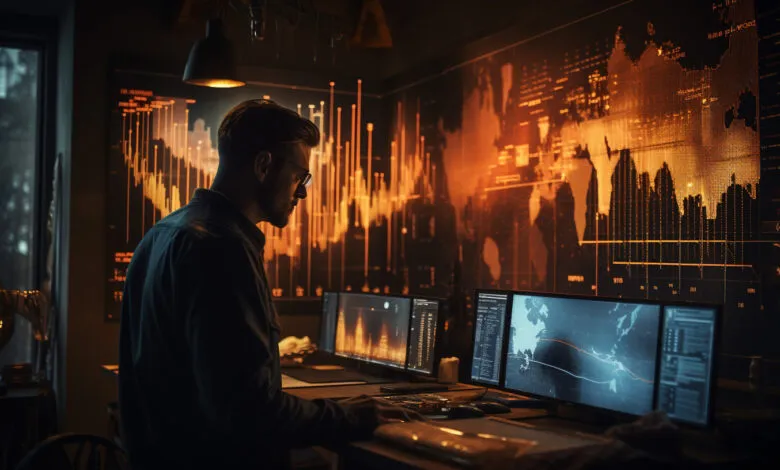 Man in glasses analyzing data on multiple computer screens in a dark room.