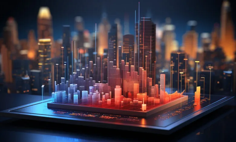 Holographic city skyline data visualization with glowing skyscrapers and charts.