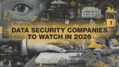 Collage of data security elements including an eye, hand typing, locks, and cityscapes.