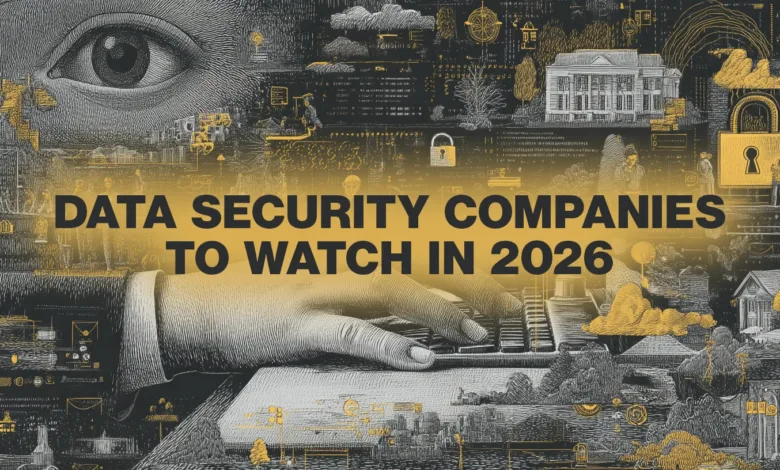 Collage of data security elements including an eye, hand typing, locks, and cityscapes.