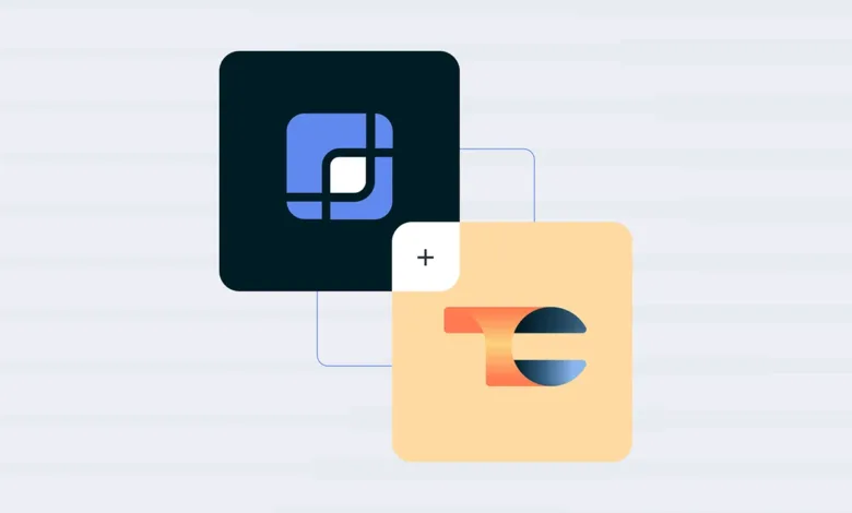 Two abstract logos, one dark blue with a light blue design, the other light orange with a gradient logo.