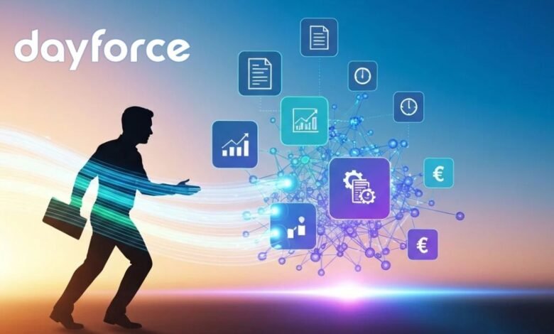 Silhouette of a businessman with a briefcase, moving towards a network of icons representing data, finance, and time.