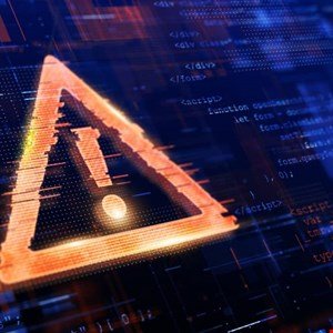 Glowing orange exclamation mark in a triangle warning symbol over digital code.