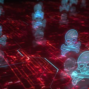 Digital skulls and crossbones icons glowing on a red circuit board background.