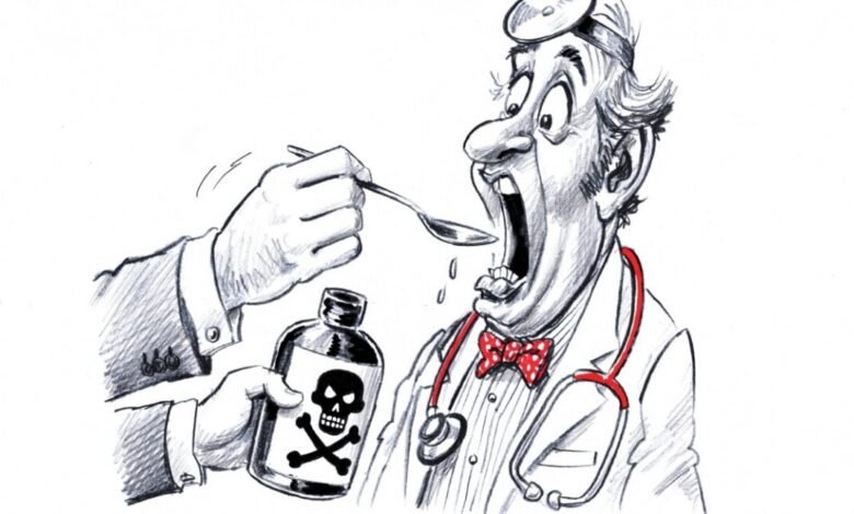 A cartoon doctor with a stethoscope is being force-fed a spoonful of liquid from a bottle labeled with a skull and crossbones.