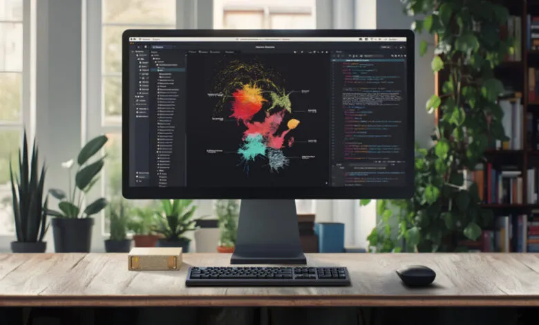 Computer screen displaying a complex data visualization and code editor.