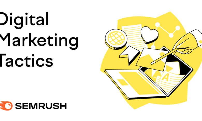 Illustration of digital marketing tactics with icons for content, analytics, and engagement.