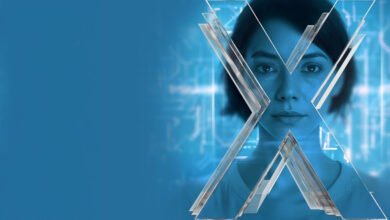 Close-up of a woman's face behind a stylized, transparent 'X' graphic with a blue digital background.