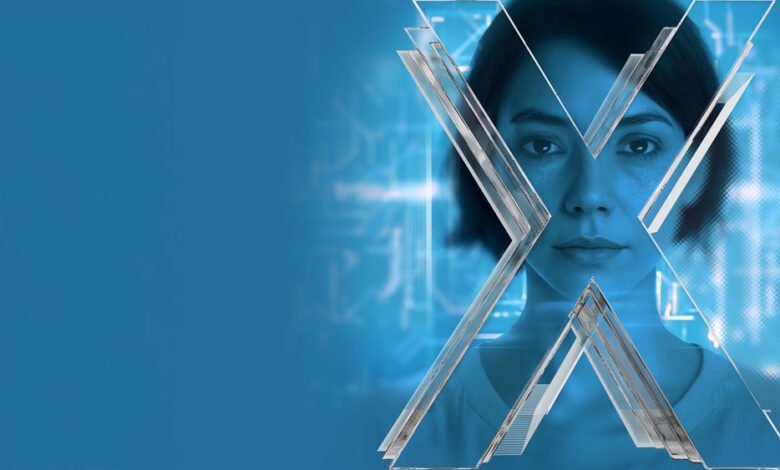 Close-up of a woman's face behind a stylized, transparent 'X' graphic with a blue digital background.