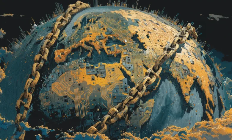 A stylized globe resembling a circuit board, wrapped in a heavy chain.