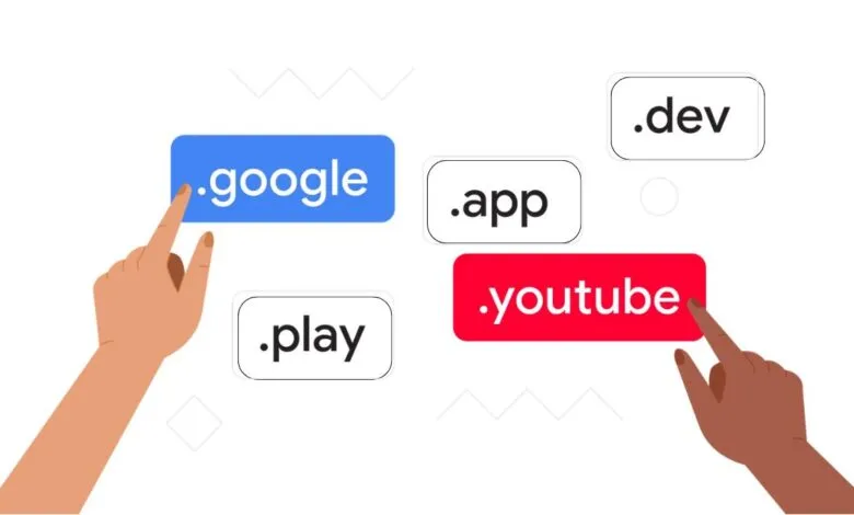 Hands interacting with domain names like .google, .app, .play, .dev, and .youtube