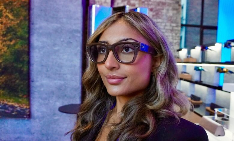 Woman wearing smart glasses with Ray-Ban branding