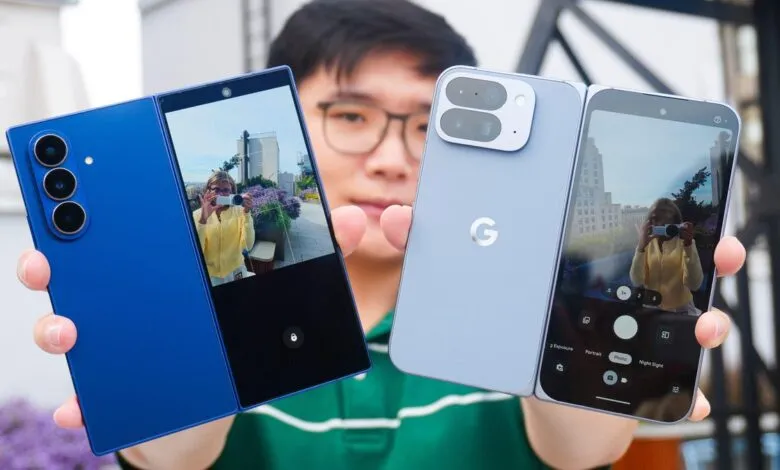 Person holding two smartphones, one blue foldable and one light blue with Google logo.