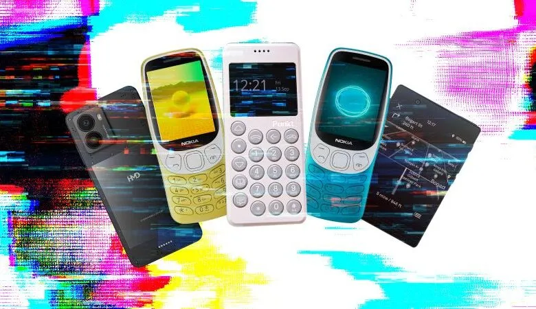 A collection of feature phones and a smartphone with glitch art effects.