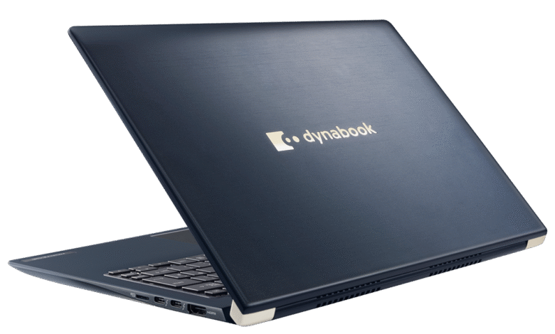 A dark blue Dynabook laptop with the logo visible on the lid, angled view.