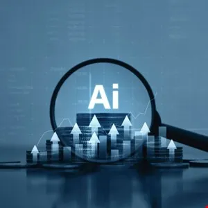 Magnifying glass over coins and upward trending graphs with 'Ai' displayed.