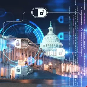 Digital security overlay on the U.S. Capitol building at night.