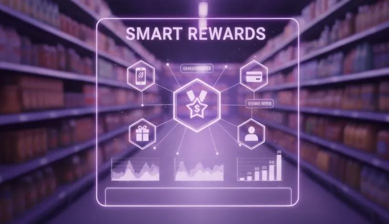 Digital interface showing 'Smart Rewards' with icons for mobile, credit card, gift, and user profile.