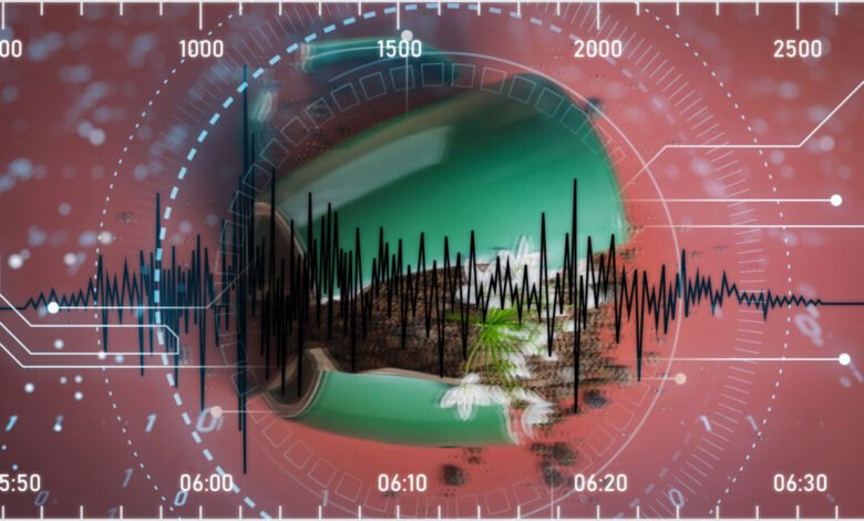 Seismic waveform overlaying a cracked earth landscape with white flowers.
