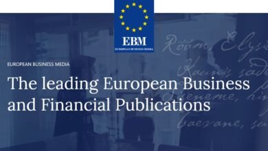European Business Media logo and text overlay on a blurred background of people in a meeting.