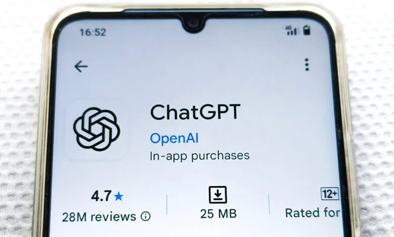 Close-up of a smartphone screen showing the ChatGPT app page on the Google Play Store.