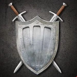 A medieval shield crossed with two swords against a dark textured background.