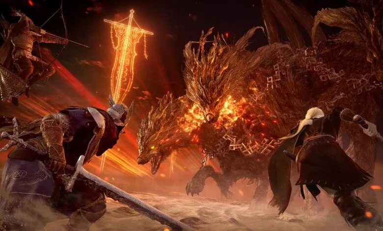A fierce battle between warriors and a fiery wolf-like beast in Elden Ring.