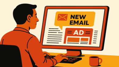Man working on computer displaying new email notification and advertisement.