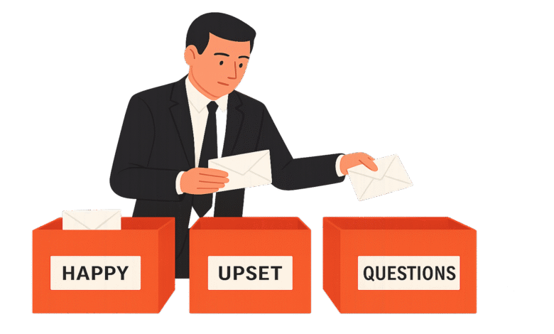 Man in suit sorting envelopes into boxes labeled Happy, Upset, and Questions.