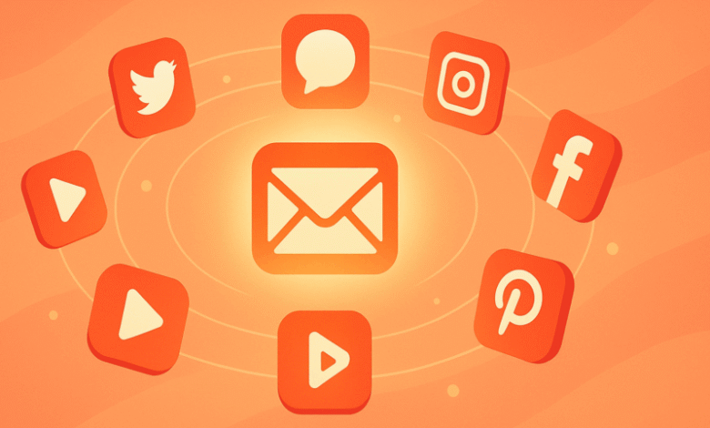 Email icon surrounded by social media and video app icons in a vibrant orange gradient.