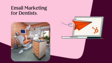 Illustration of a laptop with an orange paper airplane flying out, next to a photo of a dental operatory.