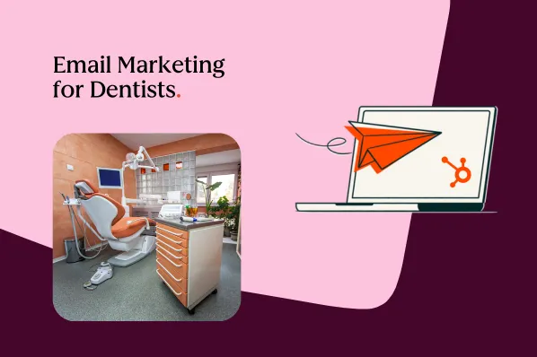 Illustration of a laptop with an orange paper airplane flying out, next to a photo of a dental operatory.
