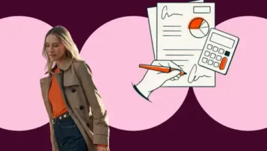 Woman in trench coat with HubSpot logo and illustration of legal documents and calculator.