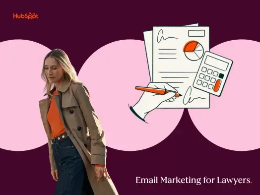 Woman in trench coat with HubSpot logo and illustration of legal documents and calculator.