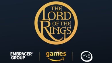 Logos for The Lord of the Rings, Embracer Group, Amazon Games, and Middle-earth Enterprises.