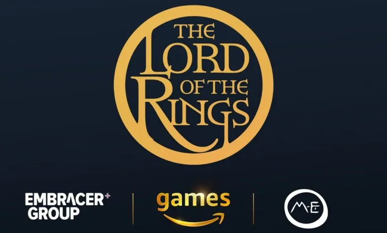 Logos for The Lord of the Rings, Embracer Group, Amazon Games, and Middle-earth Enterprises.