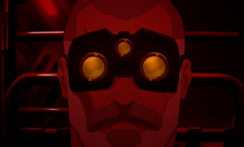 Close-up of an animated character wearing goggles with three glowing yellow lenses.