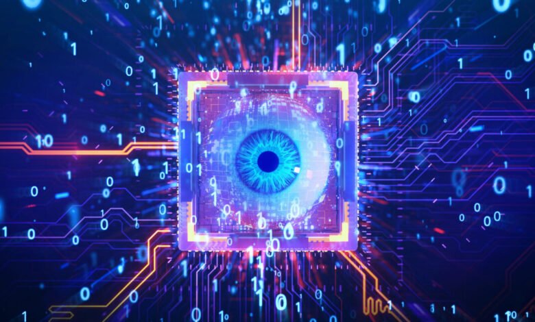 Digital eye on a computer chip surrounded by binary code and circuit board patterns.