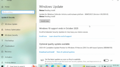 Windows 10 Settings screen showing Windows Update status and options.