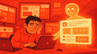 An exhausted marketer slumps over a laptop as a glowing AI assistant offers help with data analysis.