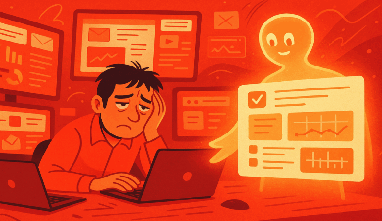 An exhausted marketer slumps over a laptop as a glowing AI assistant offers help with data analysis.