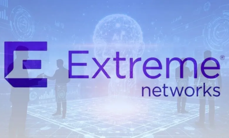 Extreme Networks logo with AI brain graphic and silhouettes of people.