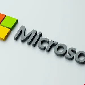 The Microsoft logo with its iconic four-colored squares and the word 'Microsoft' in gray 3D lettering.