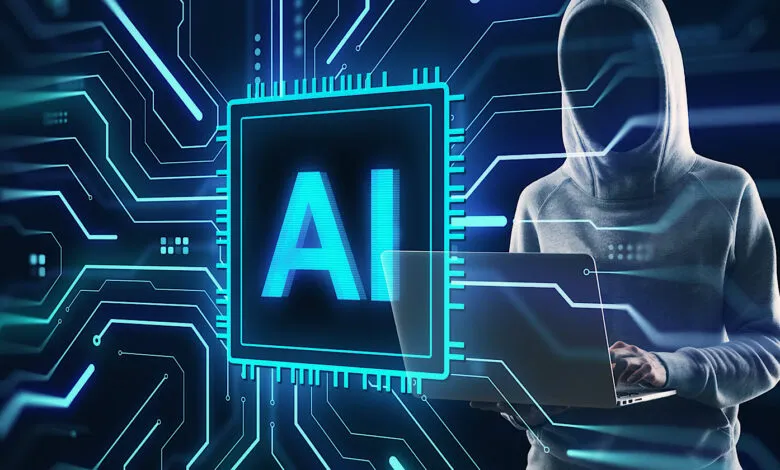 Person in a hoodie with a laptop, next to a glowing AI chip and circuit board.